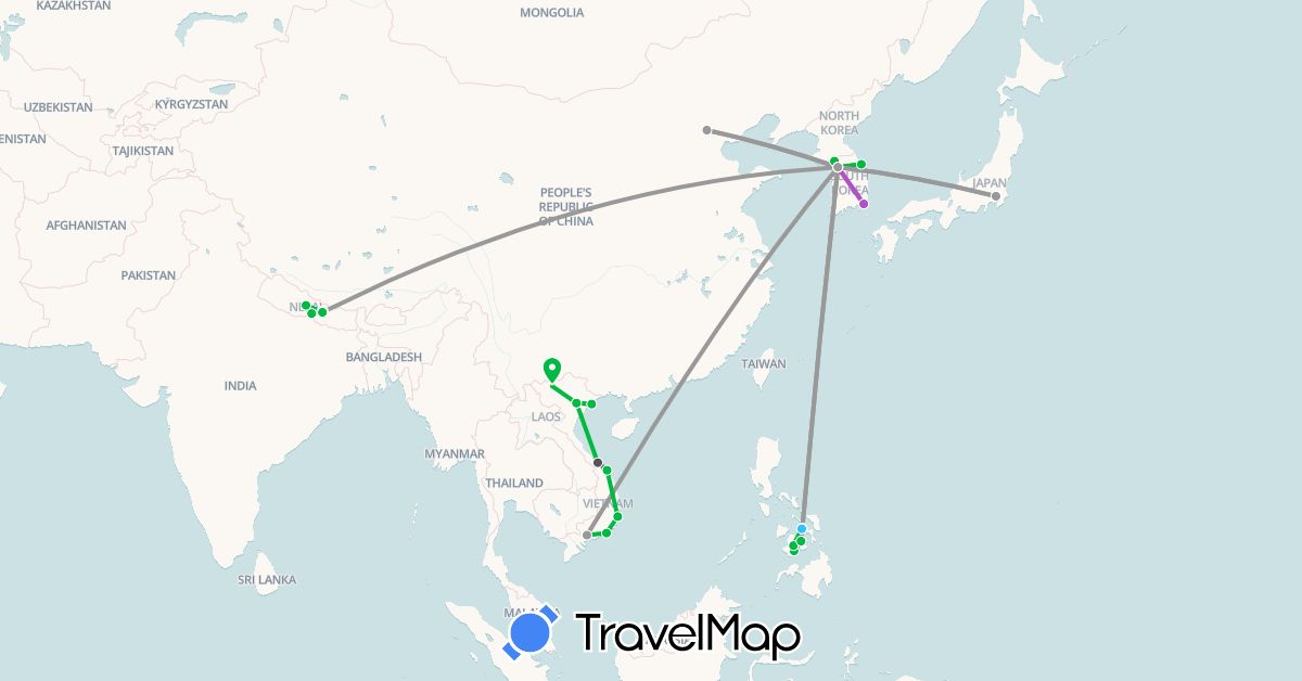TravelMap itinerary: driving, bus, plane, train, boat, motorbike in China, Japan, South Korea, Nepal, Philippines, Vietnam (Asia)